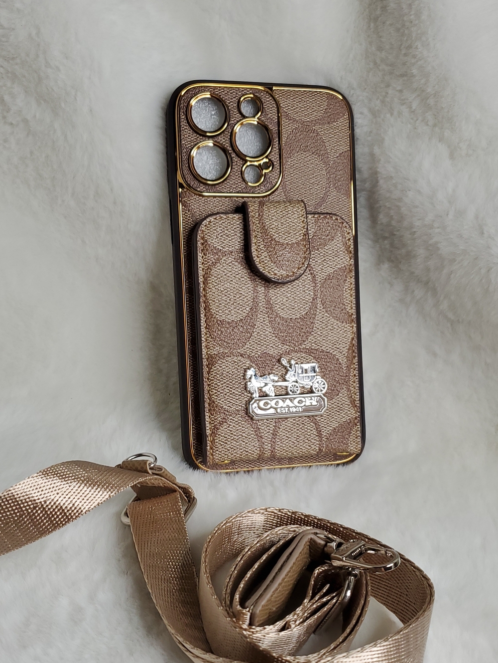 14 PRO MAX Canvas Phone Case with Card Pocket - Taupe Brown & Gold Trim
